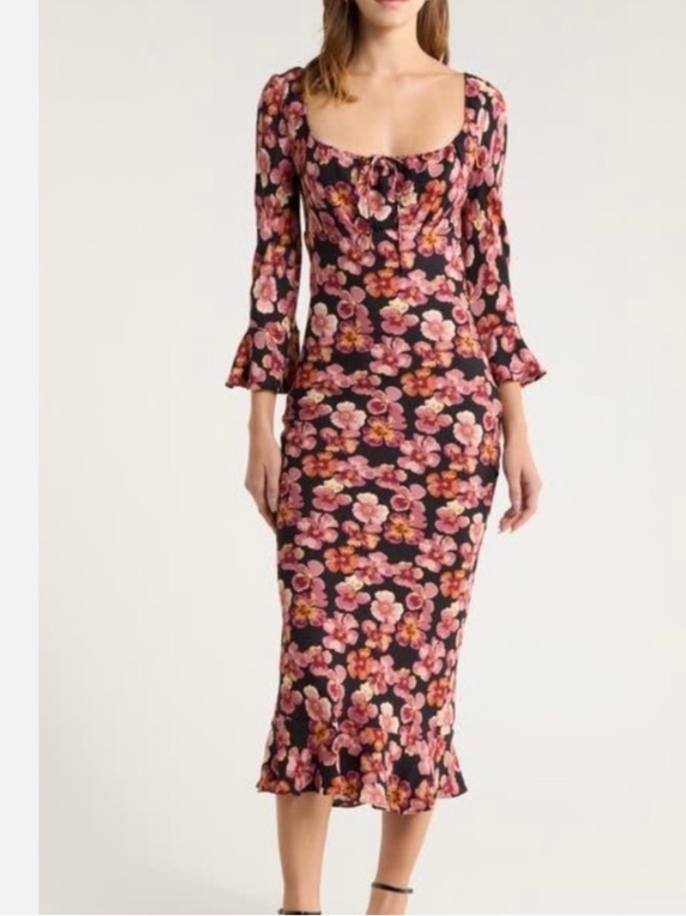 Reformation Kiley Floral Print Scoop Midi Dress with Pink Blooms